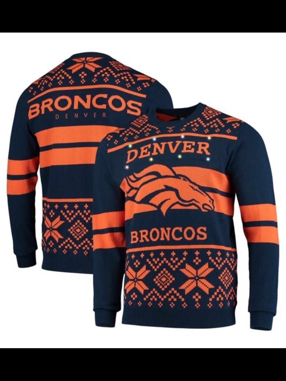 NFL Denver Broncos Navy and Orange Crewneck Sweater LED LIGHTS 2X